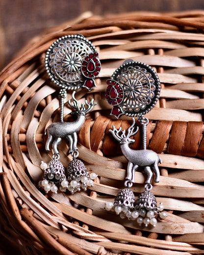 Unique Deer Design Drop Earrings with Pearl Accents