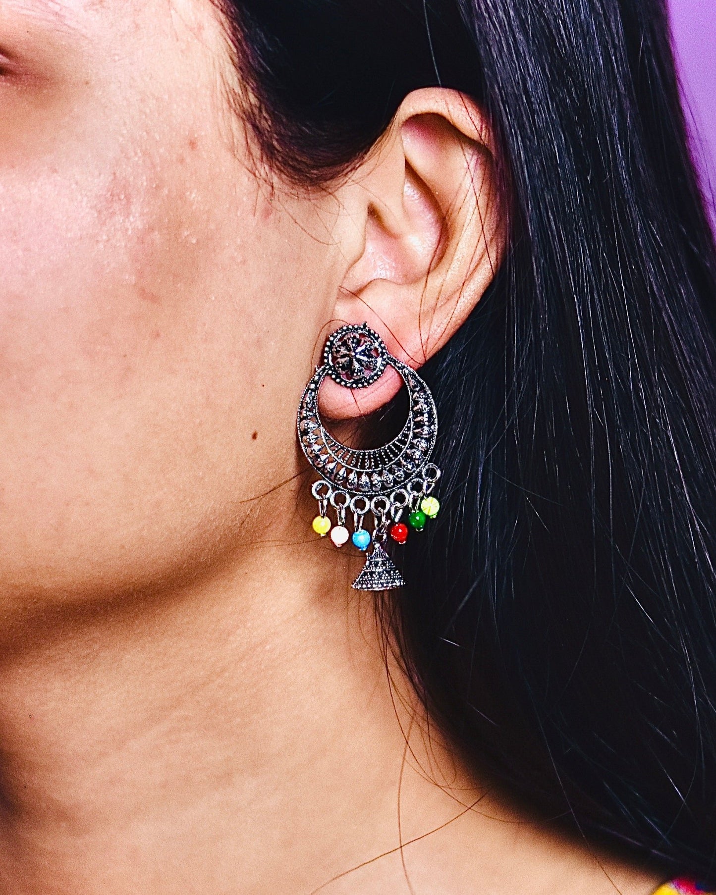 Multicolored Oxidised Lightweight Crescent Earrings