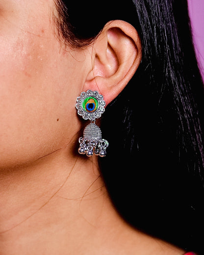 Oxidized Silver Peacock Jhumka Earrings