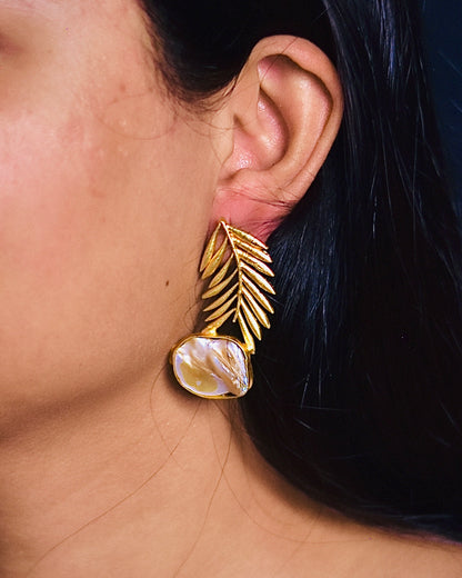 Palm Leaf Brass Earrings with Pearl Accents