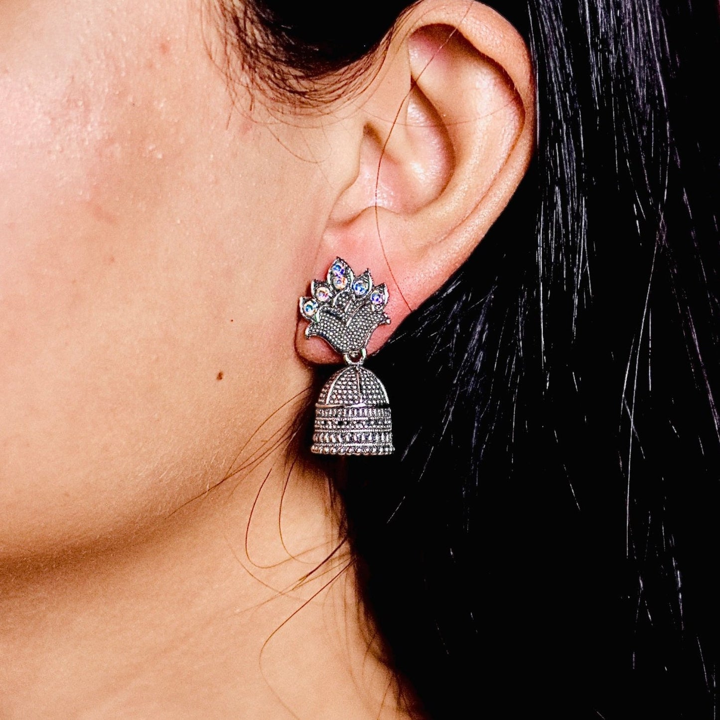 Oxidized Silver-Plated Floral Jhumka Earrings