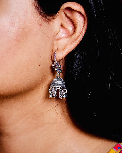 Oxidized Silver-Plated Jhumka Earrings with Beads