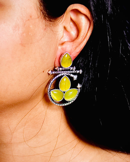 Antique Silver Earrings with Floral and Stone Design